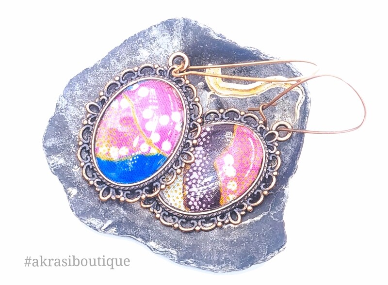 Oval ankara copper drop earrings sealed in resin