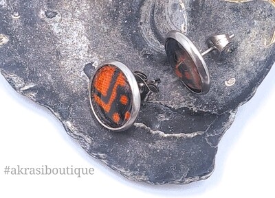 Round blue and orange ankara silver stud earrings sealed in resin