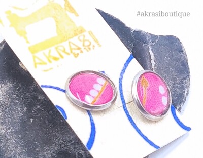 Round hot pink and white ankara silver stud earrings sealed in resin
