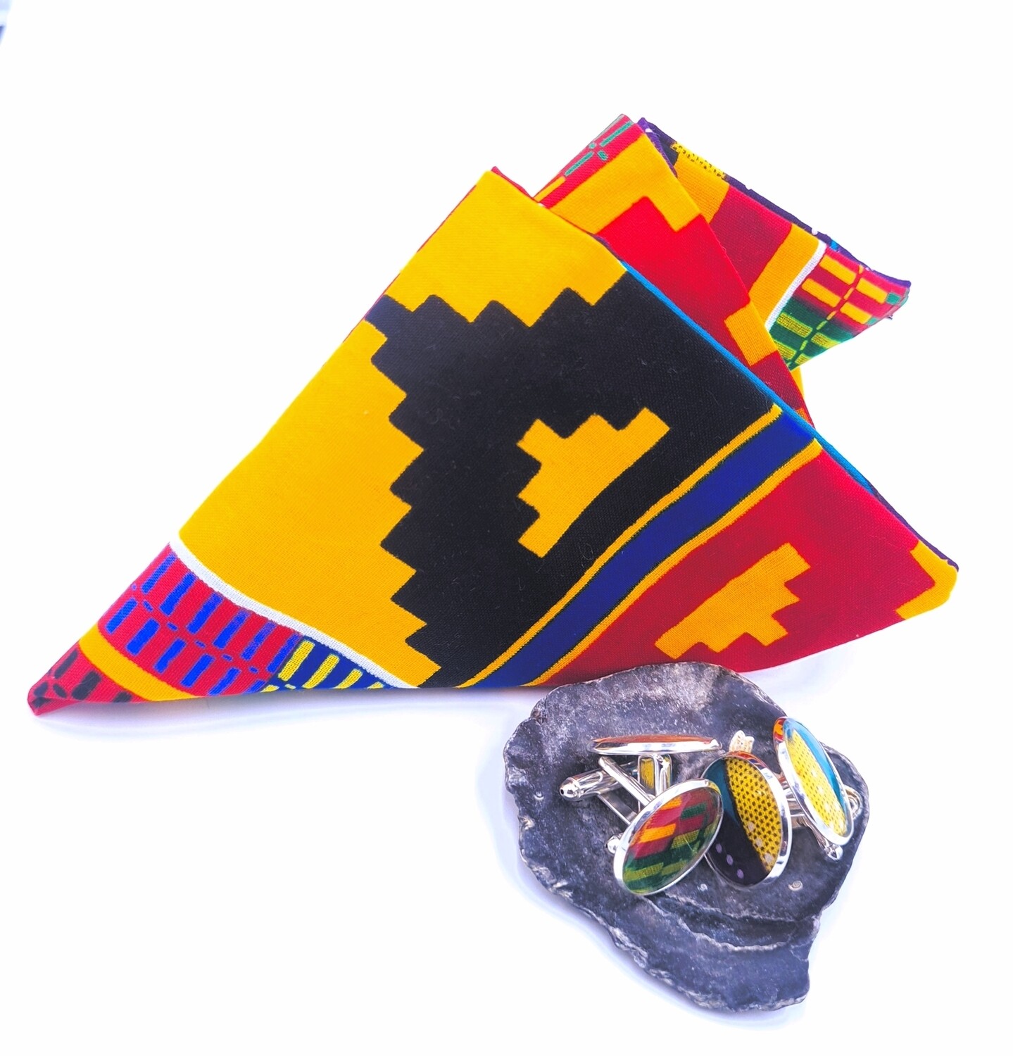 Reversible Kente and African wax print pocket square with cufflinks | men's accessories | Ankara pocket square | African cufflinks