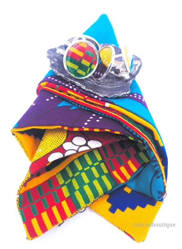 Reversible Kente and African wax print pocket square with cufflinks | men's accessories | Ankara pocket square | African cufflinks