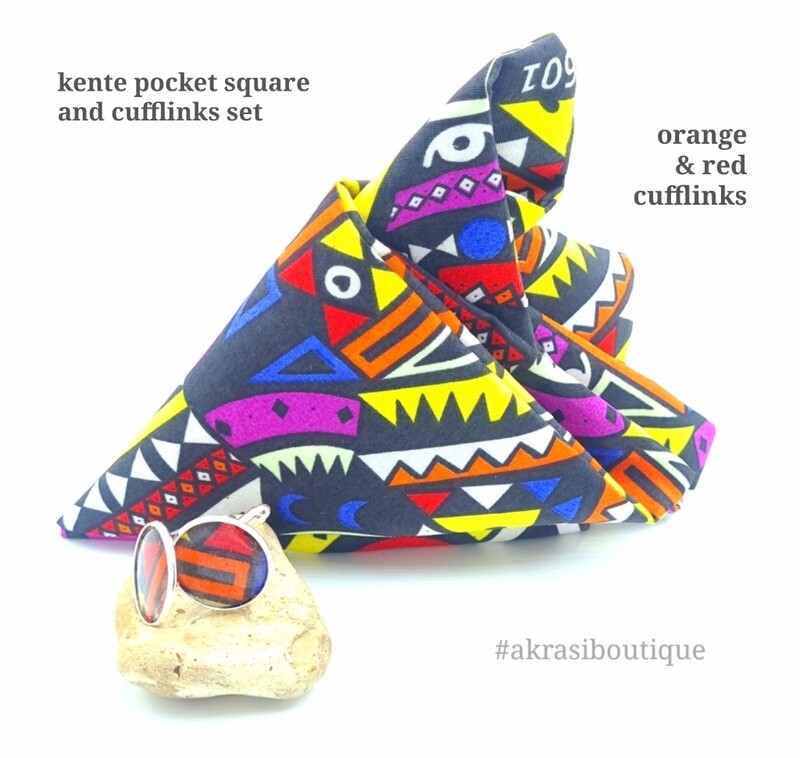 Kente African wax print pocket square with cufflinks | men's accessories | Ankara pocket square | African cufflinks