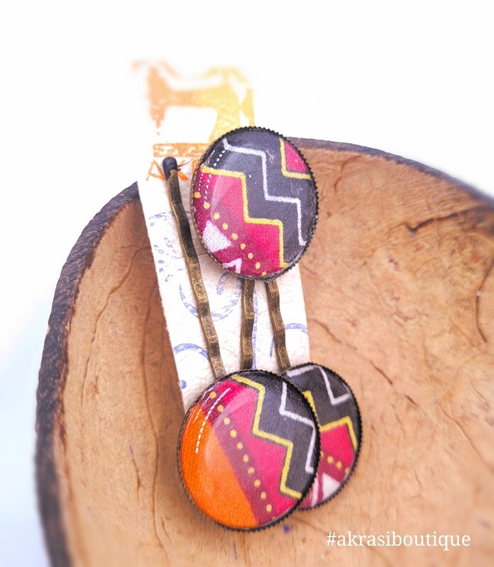 Dashiki orange hair pin set in silver | African Bobby pin | Ankara hair slide