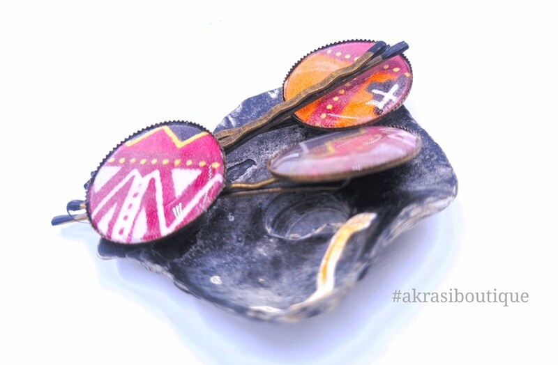 Dashiki orange hair pin set in silver | African Bobby pin | Ankara hair slide