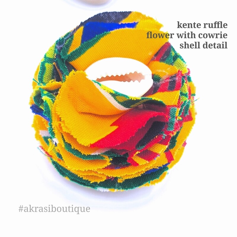 Kente print carnation ruffle flower | kente flower with cowrie shell centre| flower pin | flower hair clip | flower brooch | clothing accessories