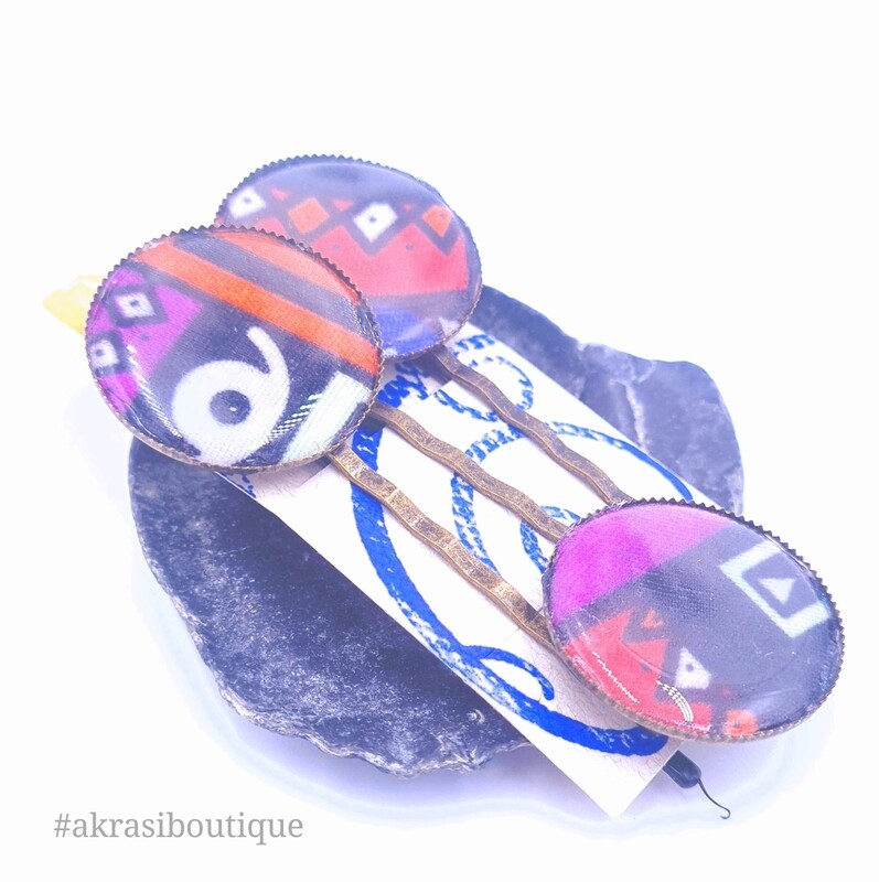 Kente hair pin set in bronze | African wax Bobby pin | Ankara hair slide