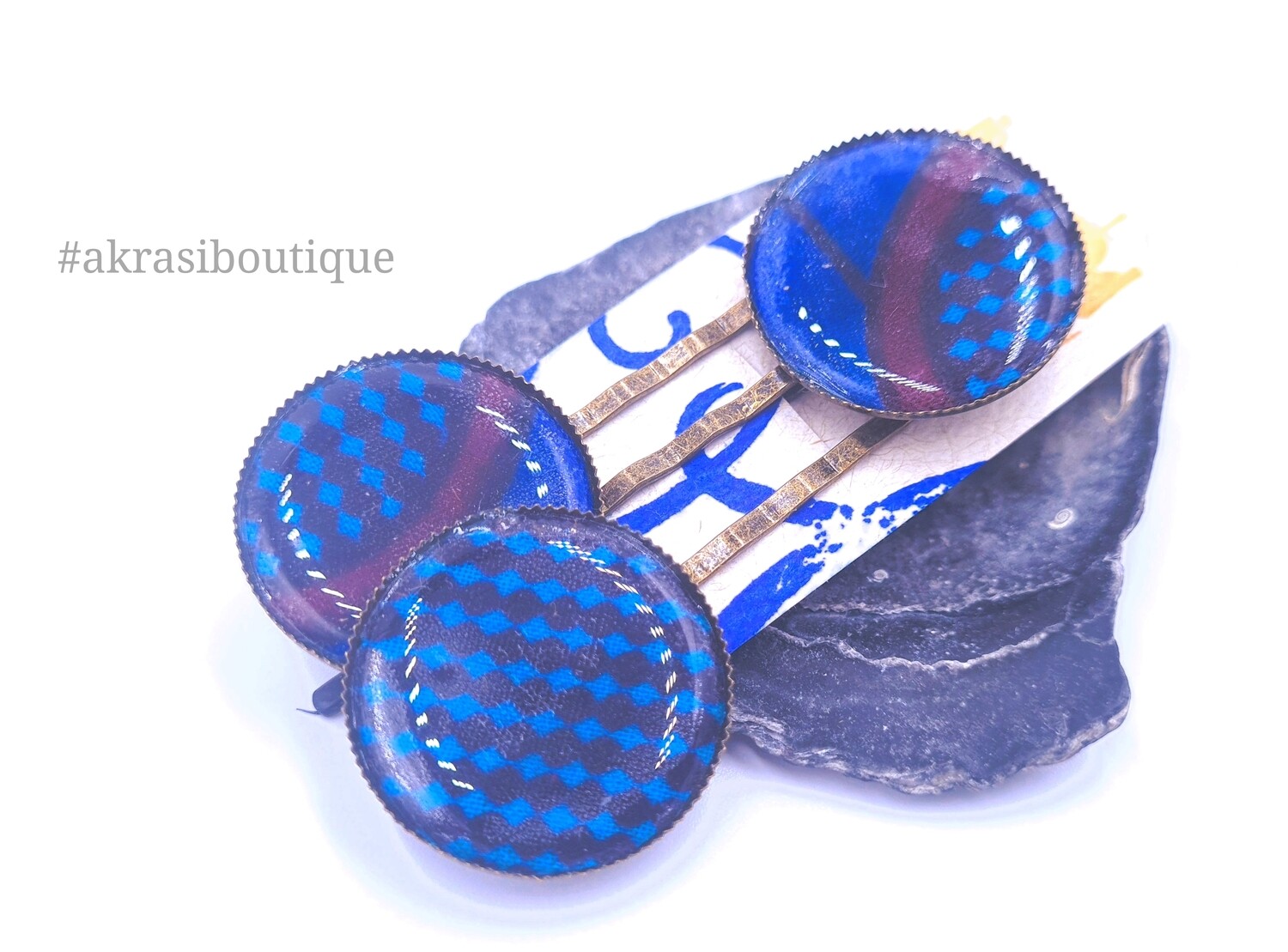 Blue ankara hair pin set in bronze | African wax Bobby pin | Ankara hair slide