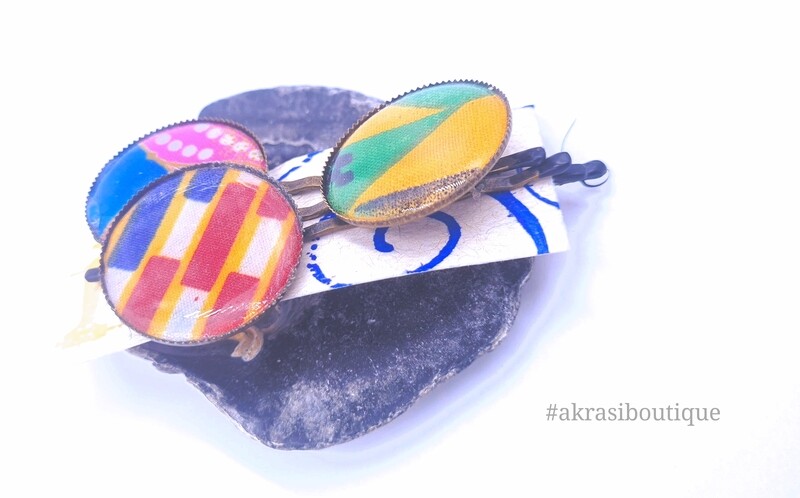Kente large hair pin detail set in bronze | African wax bobby pin | Ankara hair slide