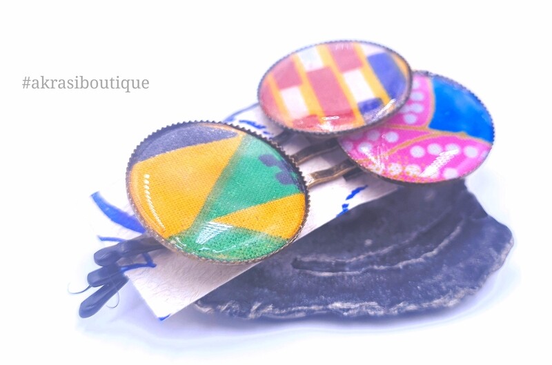Kente large hair pin detail set in bronze | African wax bobby pin | Ankara hair slide