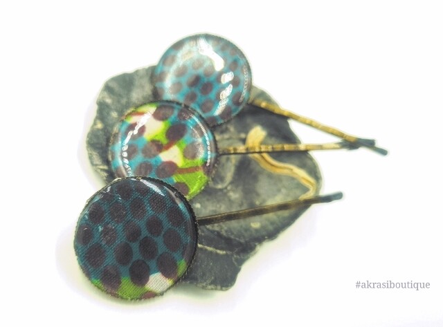 Green ankara hair pin set in bronze | African wax Bobby pin | Ankara hair slide