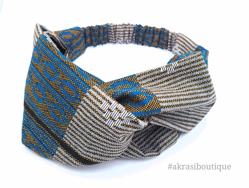 Blue, grey and gold geometric print half turban headband | African wax print headwrap | African twisted headband