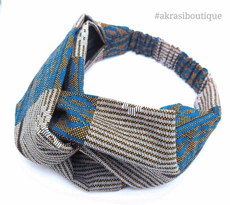 Blue, grey and gold geometric print half turban headband | African wax print headwrap | African twisted headband