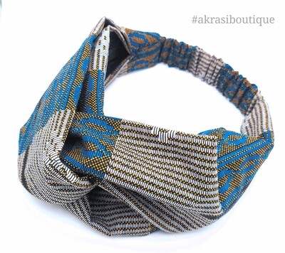 Blue, grey and gold geometric print half turban headband | African wax print headwrap | African twisted headband