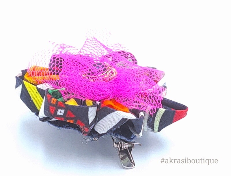 Kente print flower with lace &amp; gemstone vintage button centre | flower pin | flower hair clip | flower brooch | clothing accessories