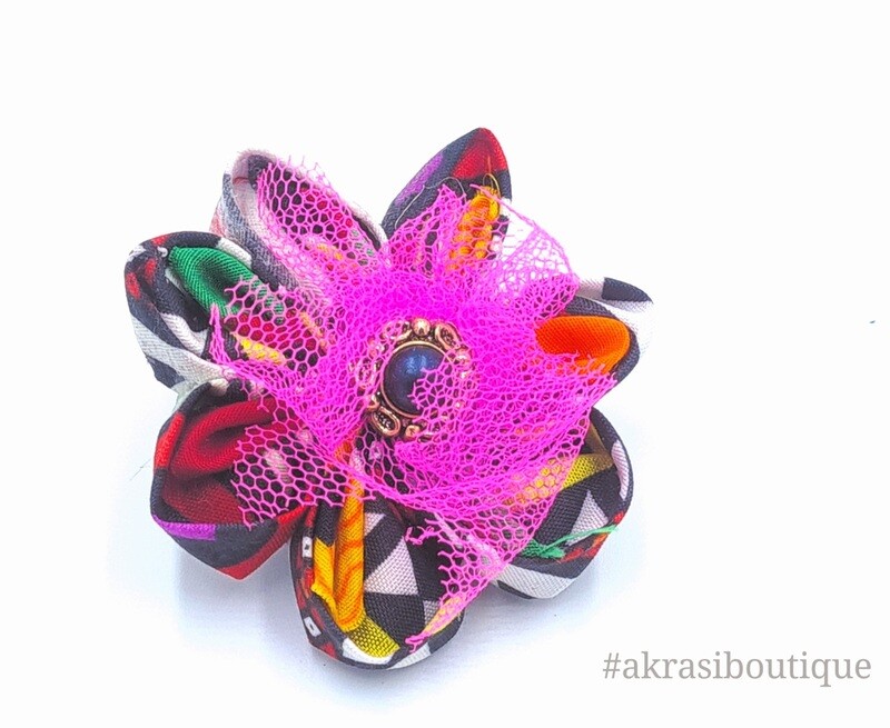 Kente print flower with lace &amp; gemstone vintage button centre | flower pin | flower hair clip | flower brooch | clothing accessories