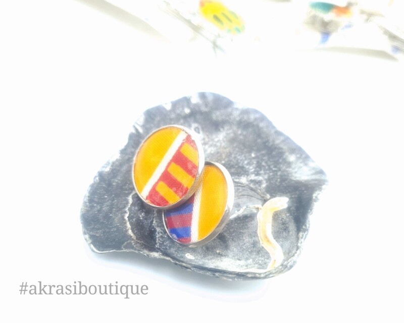 Round kente silver stud earrings sealed in resin