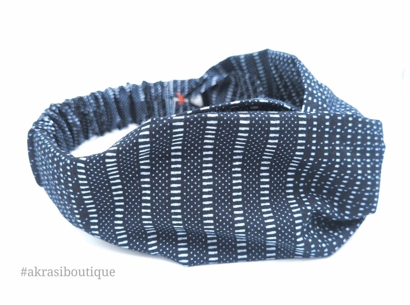 Black, grey and white geometric print half turban headband | African wax print headwrap | African twisted headband