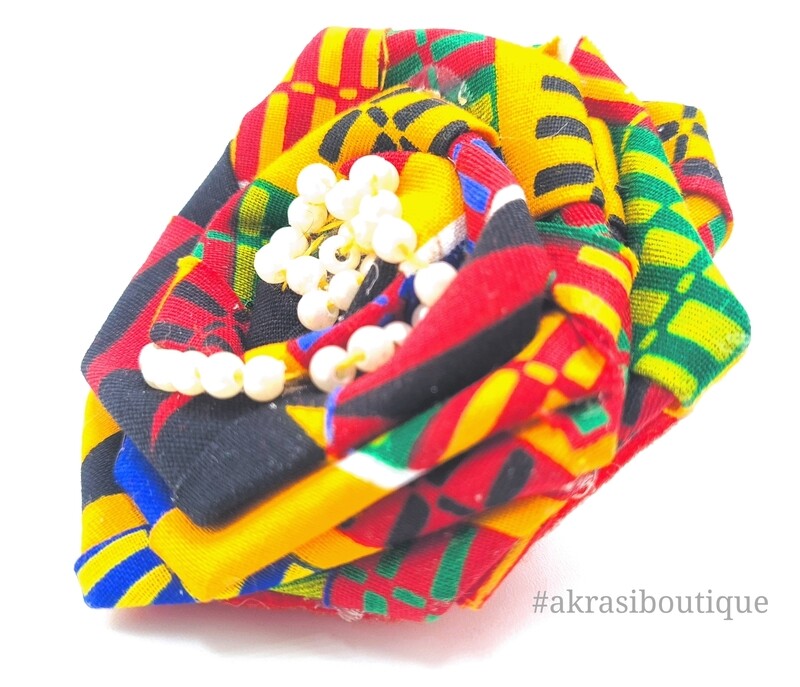 Yellow kente rose with pearl in wax print flower pin | flower hair clip | flower brooch | clothing accessories