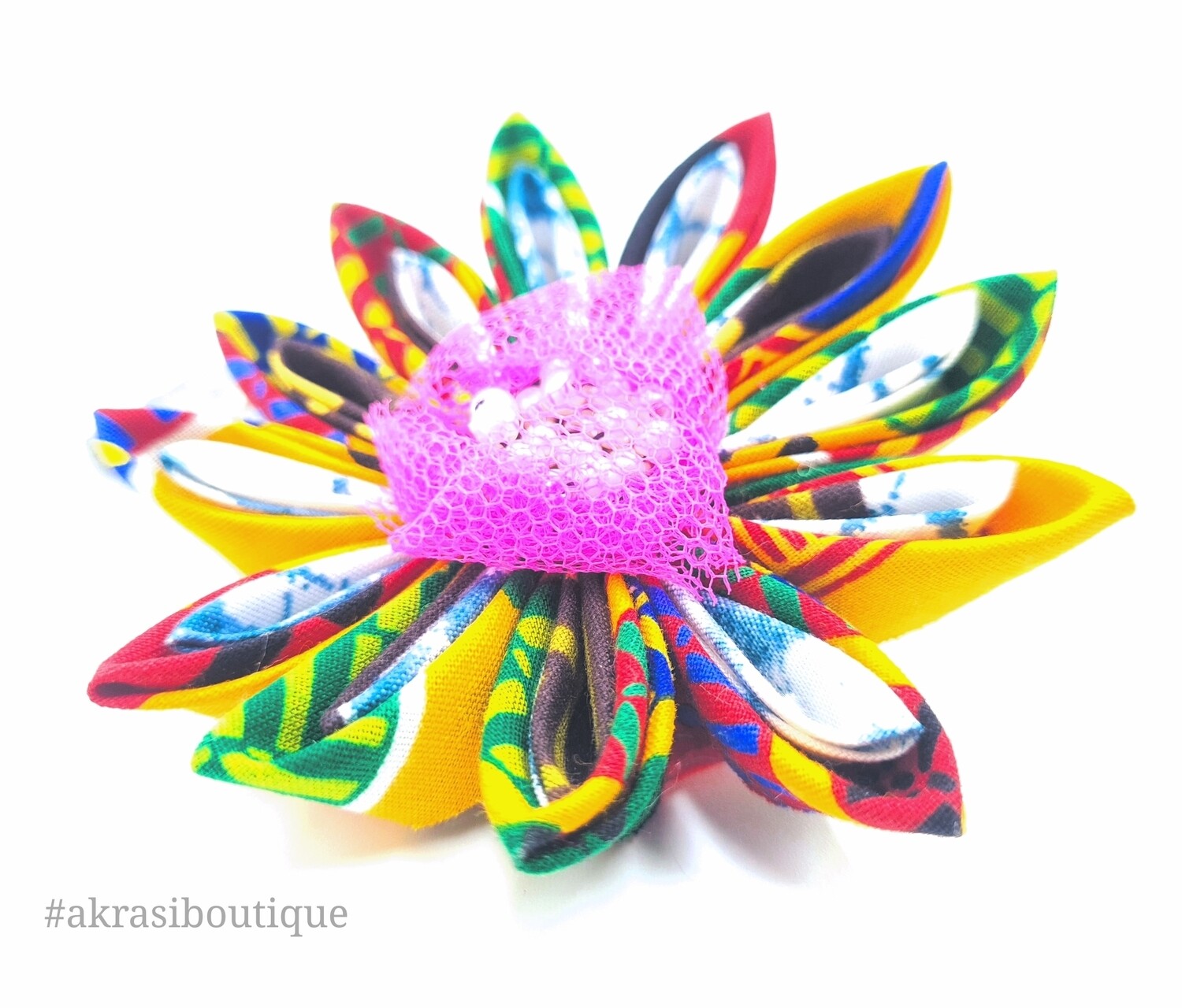 Star flower with with pearl and pink netted centre in kente print | kanzashi flower pin | flower hair clip | flower brooch | clothing accessories