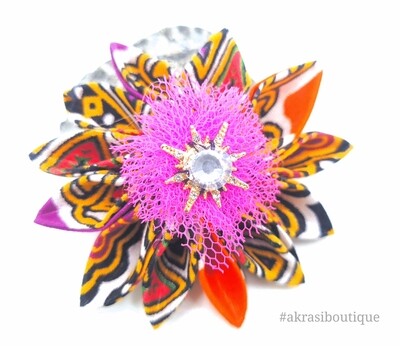 Star flower with gemstone button centre in dashiki print | kanzashi flower pin | flower hair clip | flower brooch | clothing accessories