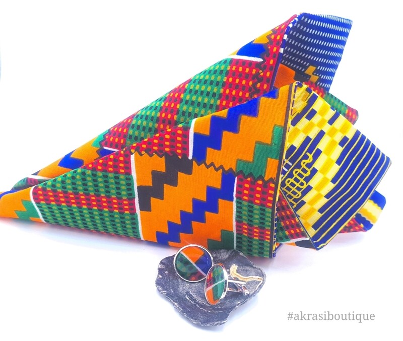 Custom handmade Kente pocket square and cufflink sets for Amarast