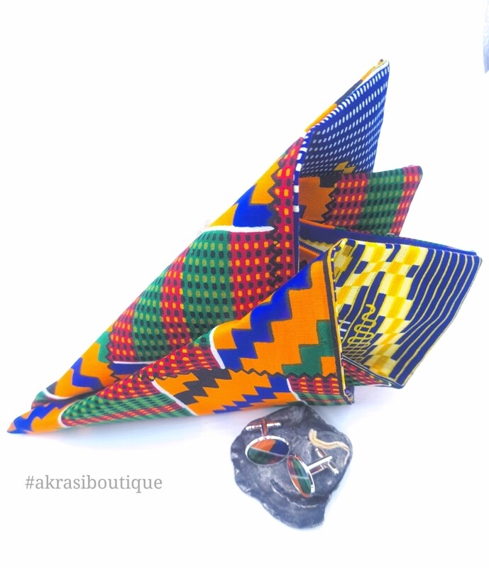 Custom handmade Kente pocket square and cufflink sets for Amarast