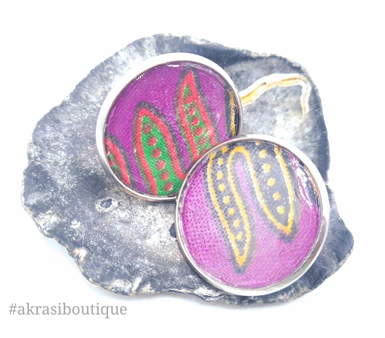 Round purple dashiki silver stud earrings sealed in resin