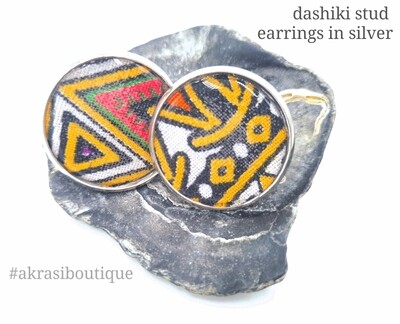Round yellow dashiki silver stud earrings sealed in resin
