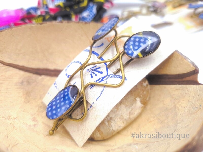 African wax ankara blue polka dots detail wavy bronze hair grip | hair slide | hair accessories