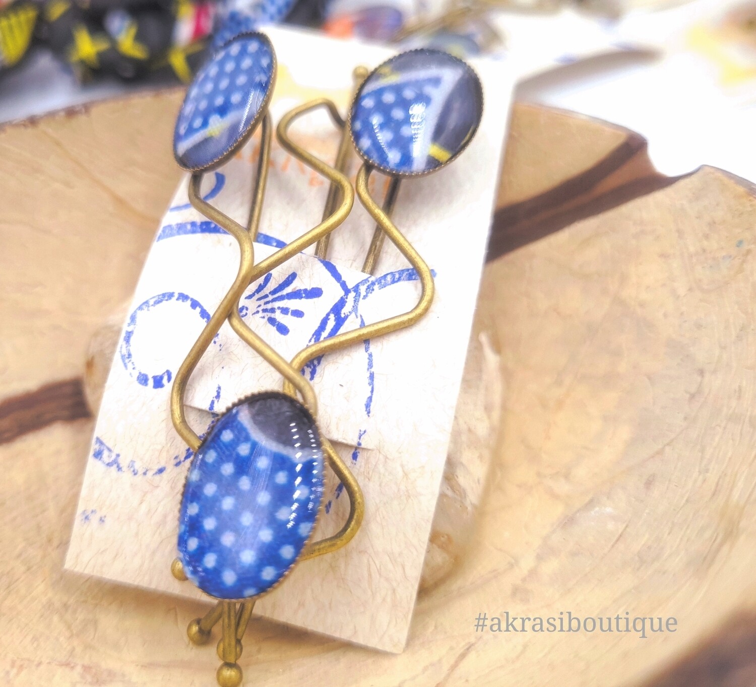 African wax ankara blue polka dots detail wavy bronze hair grip | hair slide | hair accessories