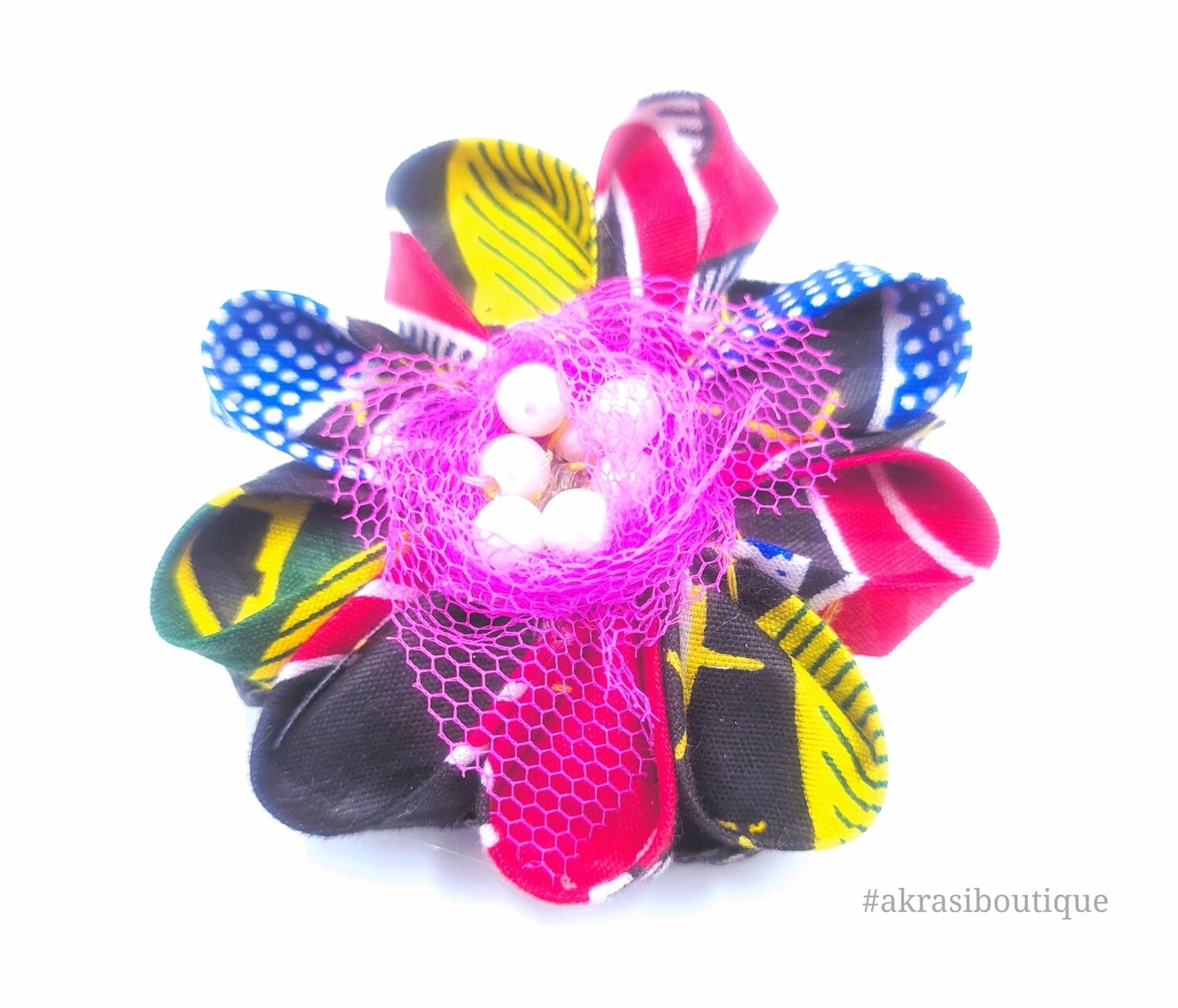 Kanzashi style ankara print flower with electric pink lace & pearl centre | flower pin | flower hair clip | flower brooch | clothing accessories
