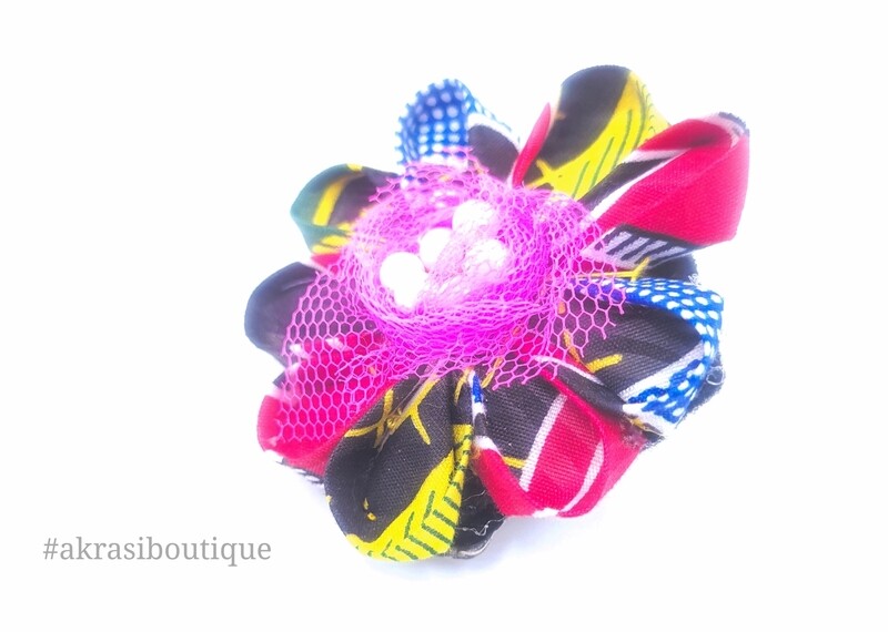 Kanzashi style ankara print flower with electric pink lace &amp; pearl centre | flower pin | flower hair clip | flower brooch | clothing accessories