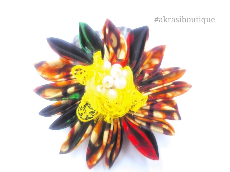 Star flower with pearl centre in ankara print | kanzashi flower pin | flower hair clip | flower brooch | clothing accessories