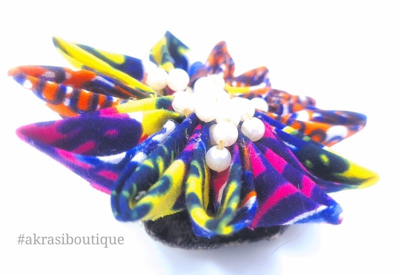 Scifunk flower with pearl centre in ankara print | kanzashi flower pin | flower hair clip | flower brooch | clothing accessories