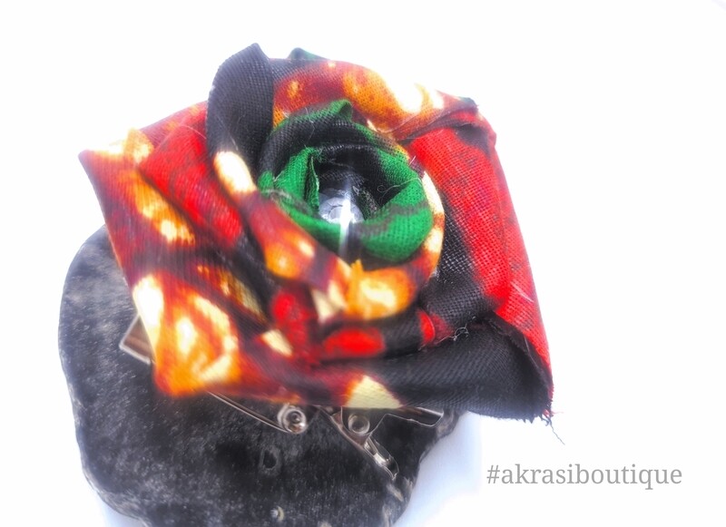 African print fabric rose flower in tie dye print with gemstone centre | flower pin | flower hair clip | flower brooch | clothing accessories