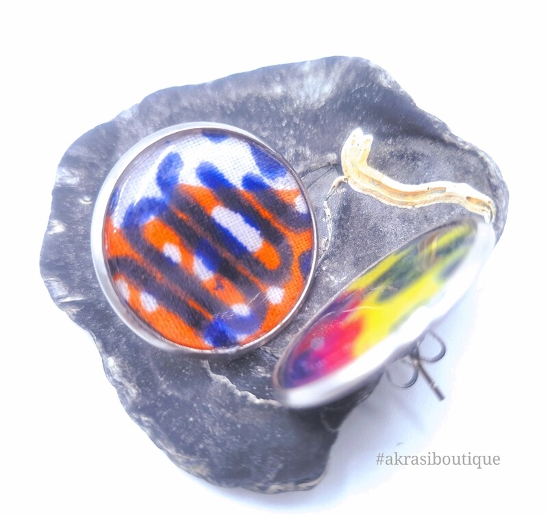 Round sci funk ankara silver stud earrings sealed in resin