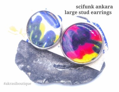 Round scifunk ankara silver stud earrings sealed in resin