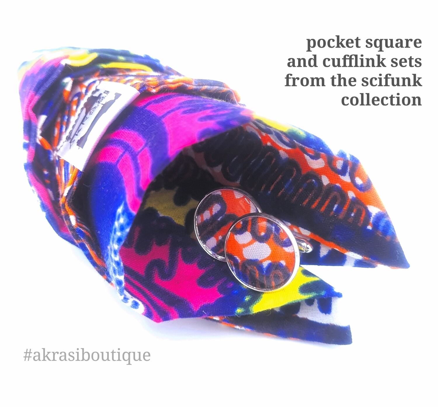 Scifunk African wax print pocket square with cufflinks | men's accessories | Ankara pocket square | African cufflinks