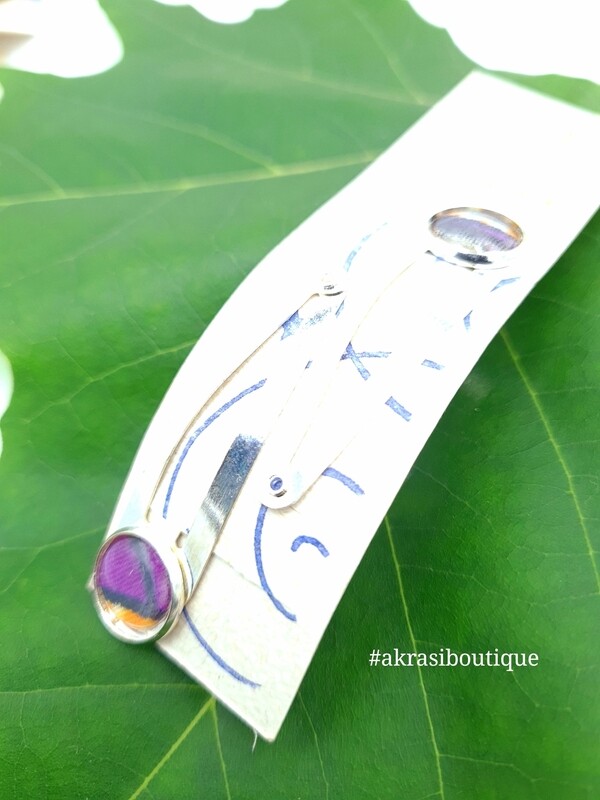 African wax print detail snap clip in silver | cream, orange and purple hair clip | hair accessories