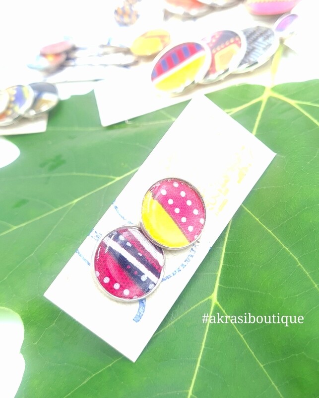Round hot pink and yellow ankara silver stud earrings sealed in resin