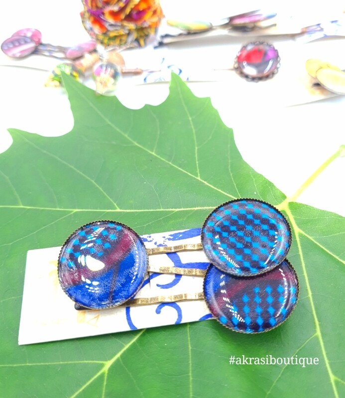 Blue ankara hair pin set in bronze | African wax Bobby pin | Ankara hair slide