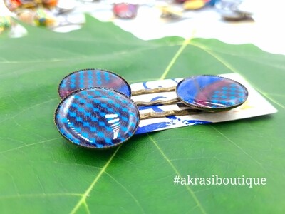 Blue ankara hair pin set in bronze | African wax Bobby pin | Ankara hair slide