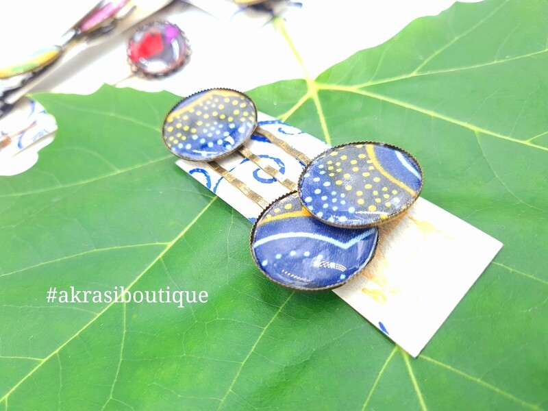 Blue, white and orange ankara hair pin set in bronze | African wax Bobby pin | Ankara hair slide