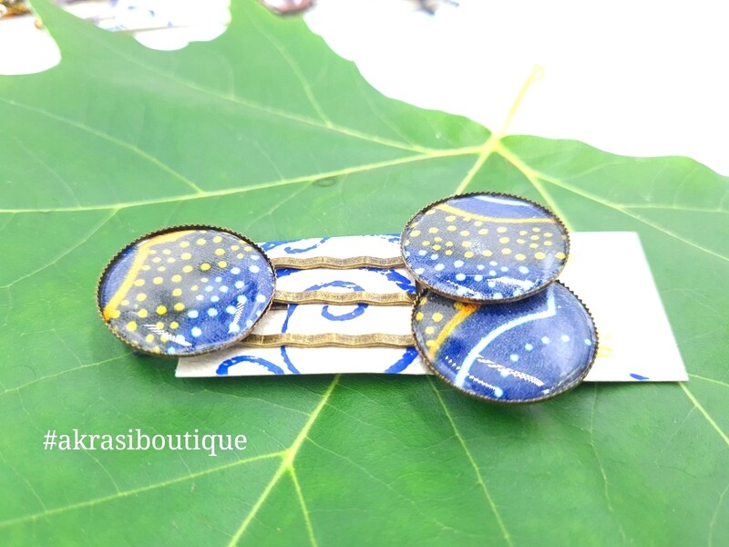 Blue, white and orange ankara hair pin set in bronze | African wax Bobby pin | Ankara hair slide