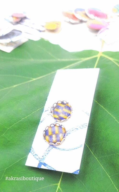 Round blue and yellow ankara silver stud earrings sealed in resin