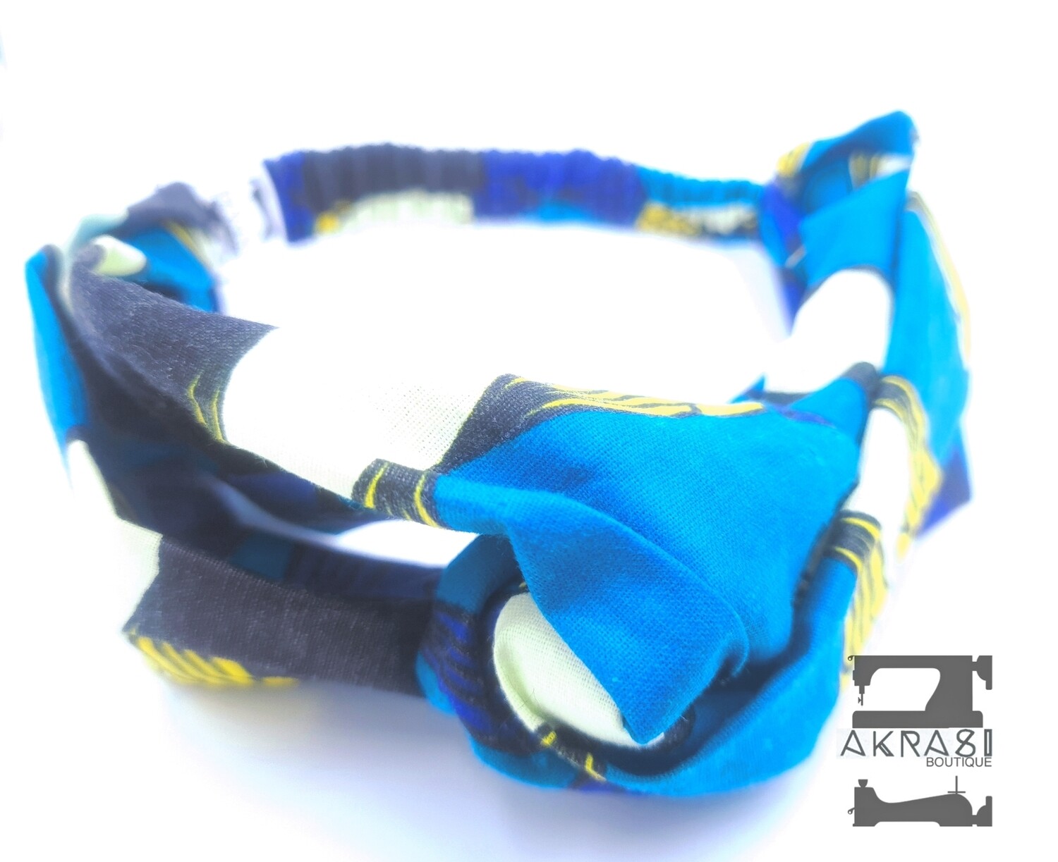 Blue, yellow and white geometric print half turban headband | African wax print headwrap | African twisted headband