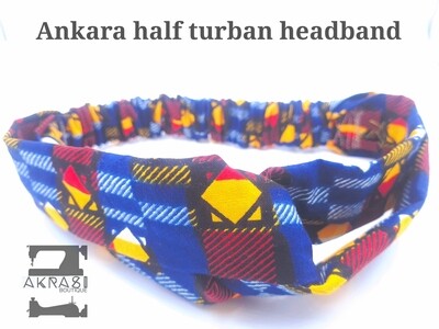 Blue, yellow and red geometric print half turban headband | African wax print headwrap | African twisted headband
