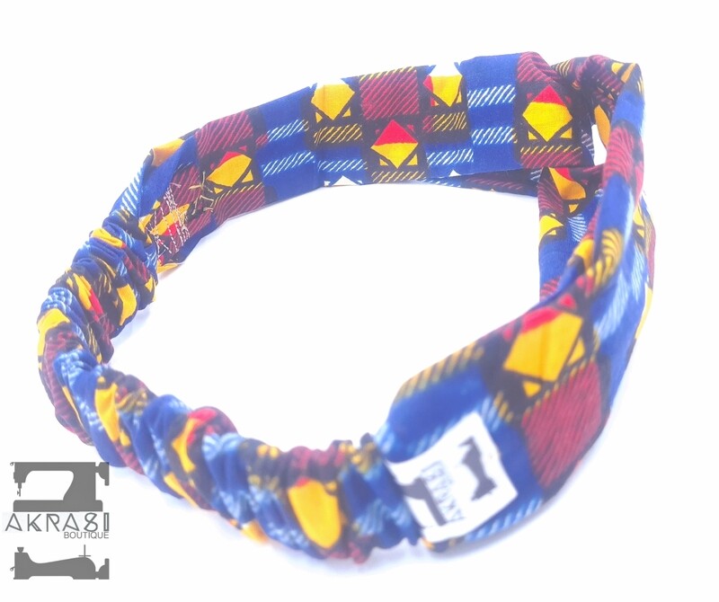 Blue, yellow and red geometric print half turban headband | African wax print headwrap | African twisted headband