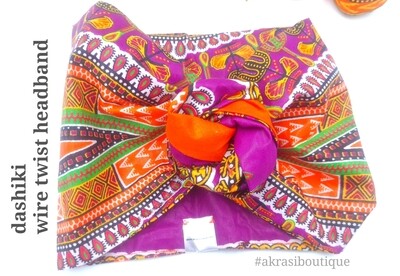 Orange and purple Dashiki print wire twist hair tie | hair wrap | headband | African print headwrap | Ankara print wire headtie | wire hair tie