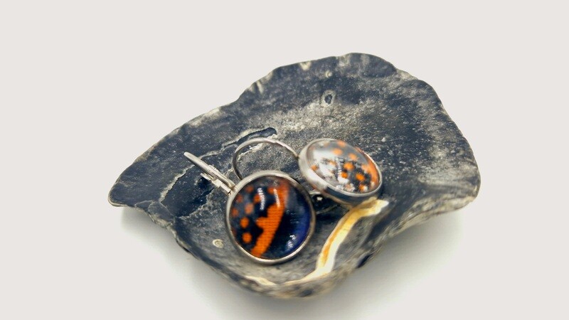 Orange on blue ankara round silver drop earrings